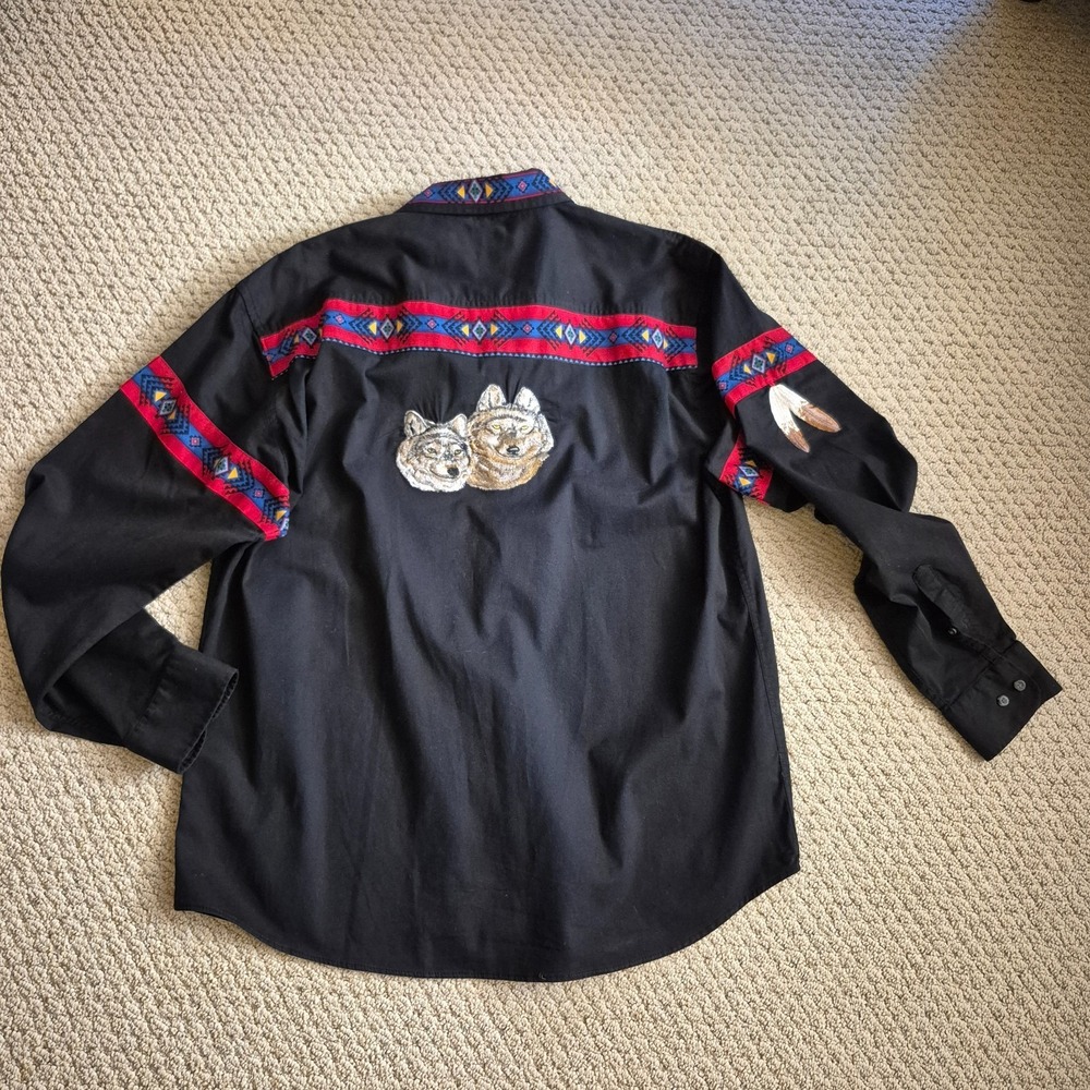 Aztec Embroidered Wolf Shirt Western Native American Mens Sz L - Picture 9 of 12